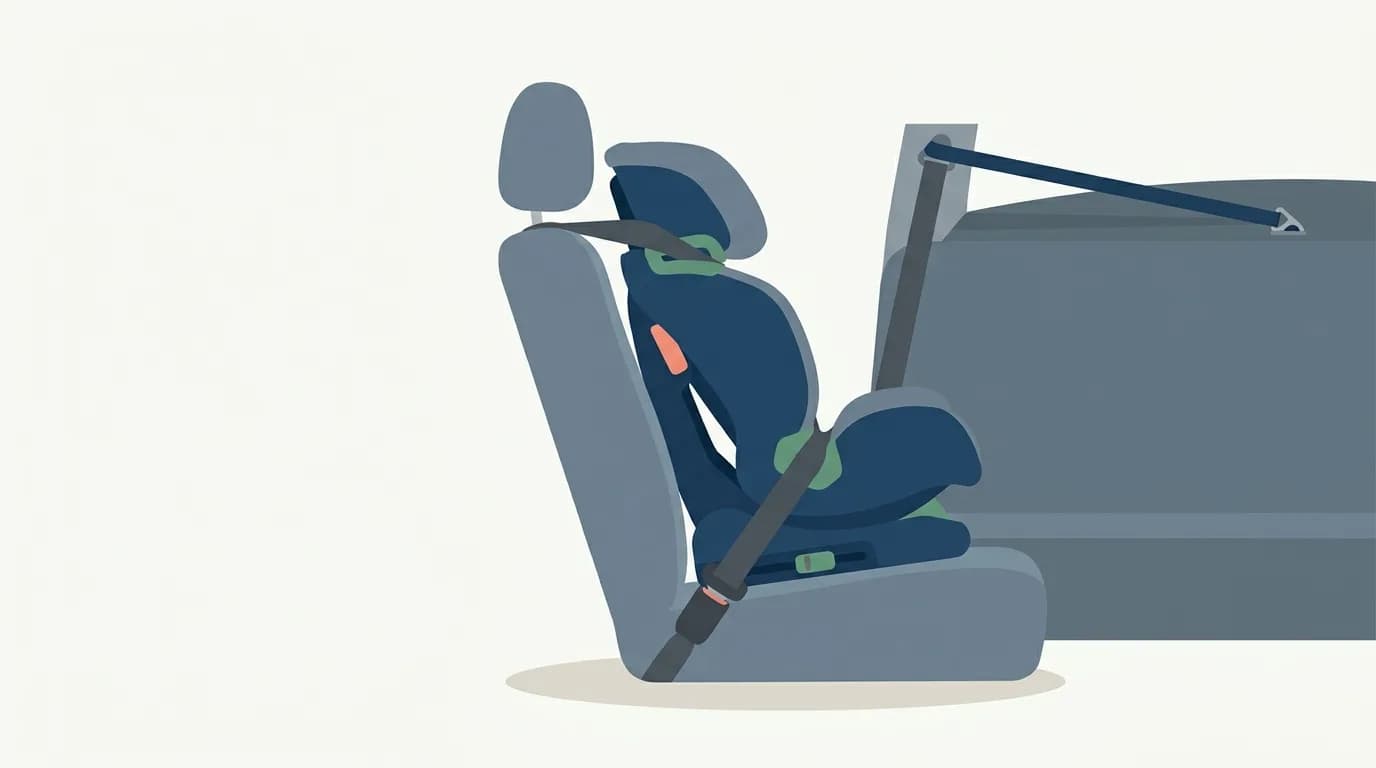 An empty forward-facing car seat on a vehicle back seat, the seat belt threaded through its belt path and the top tether attached behind it