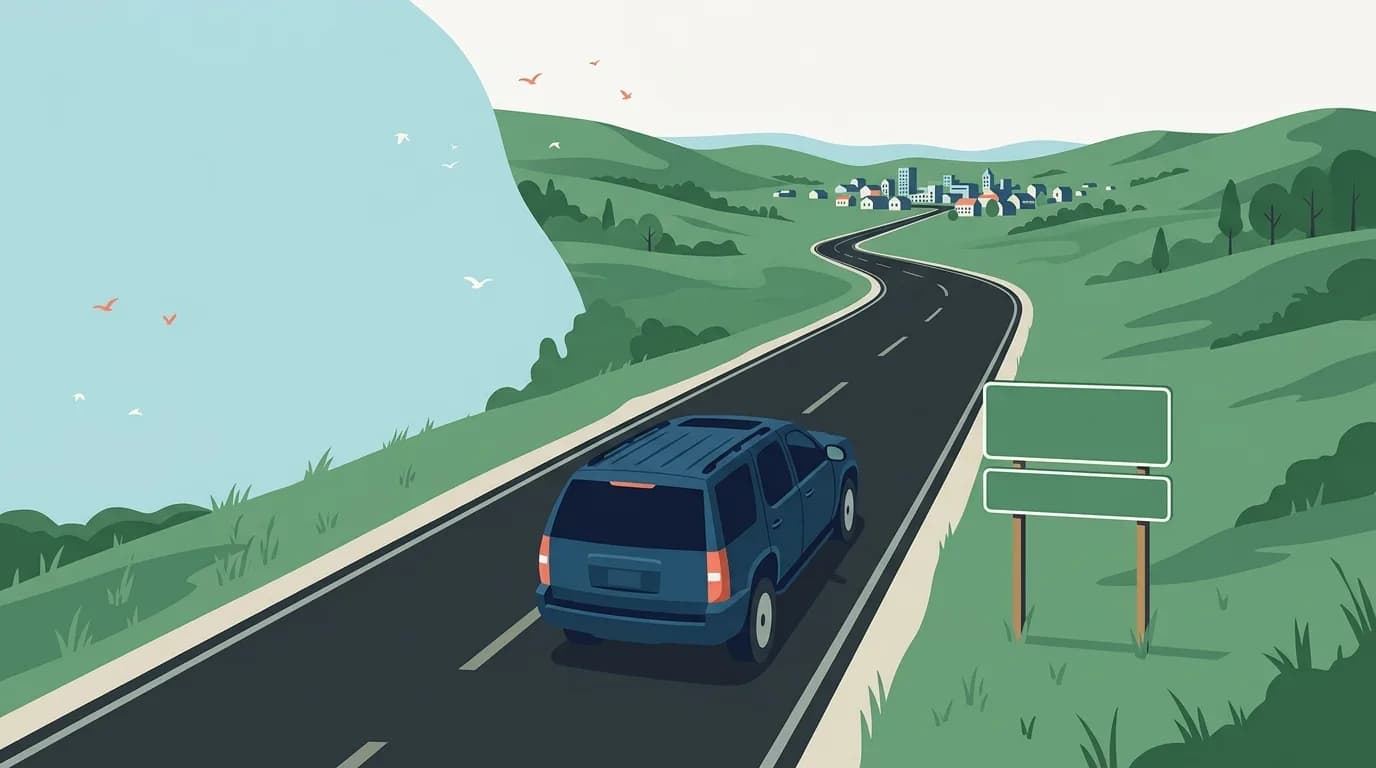 A family SUV driving along a highway through green hills toward a town