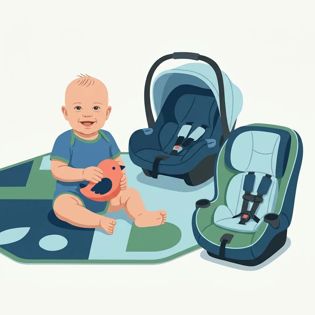 A smiling baby on a play mat next to an empty infant carrier and an empty convertible seat