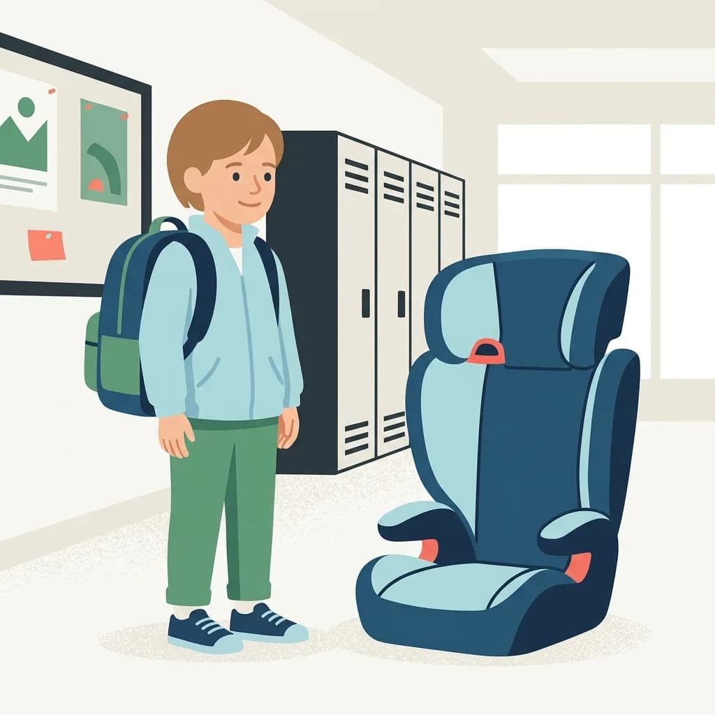 A school-age child with a backpack next to an empty high-back booster seat