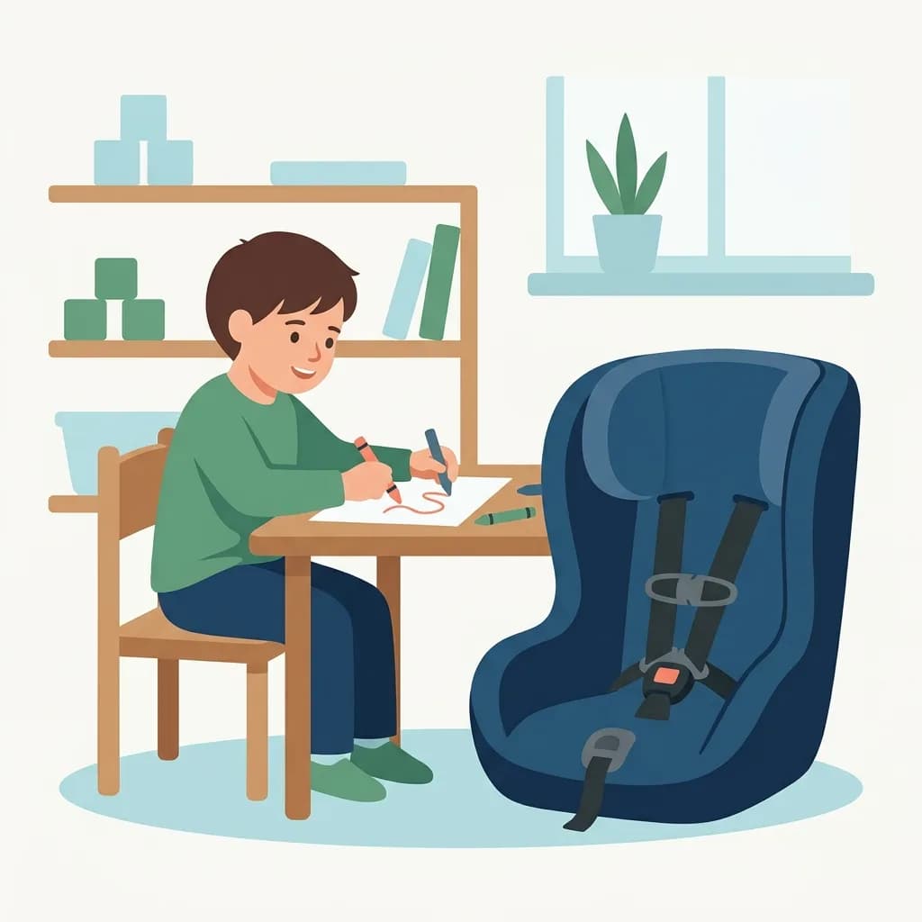 A preschooler drawing at a table next to an empty forward-facing harness seat