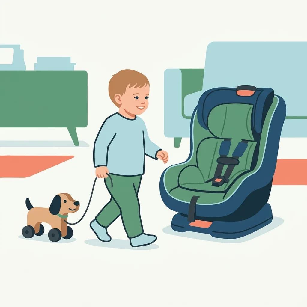 A toddler walking past an empty convertible car seat