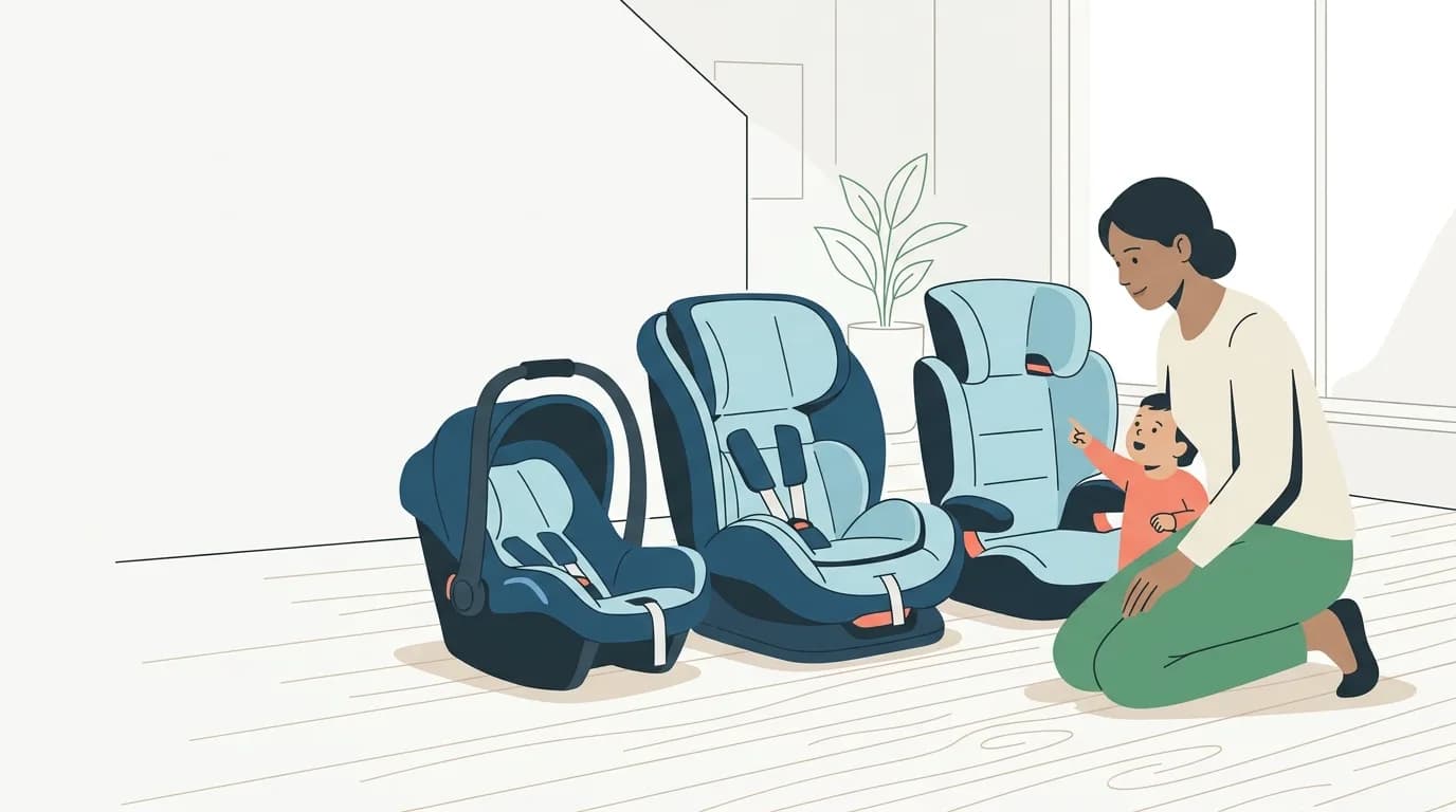 A parent and toddler looking at three empty car seats: an infant carrier, a convertible seat and a high-back booster