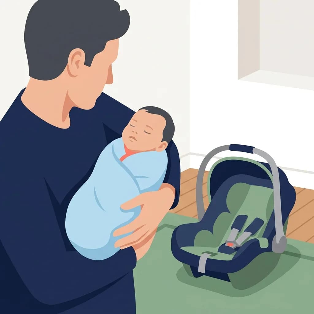 A parent holding a sleeping newborn beside an empty rear-facing infant car seat